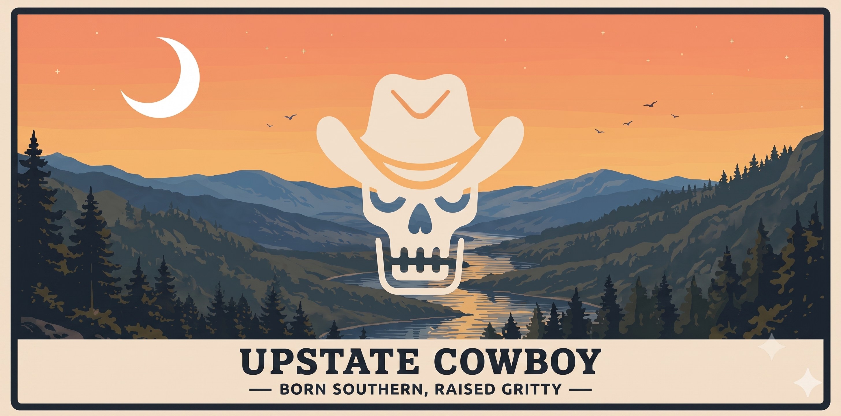 Vintage-style poster with a skull wearing a cowboy hat over a mountain landscape, featuring the text 'Upstate Cowboy'.